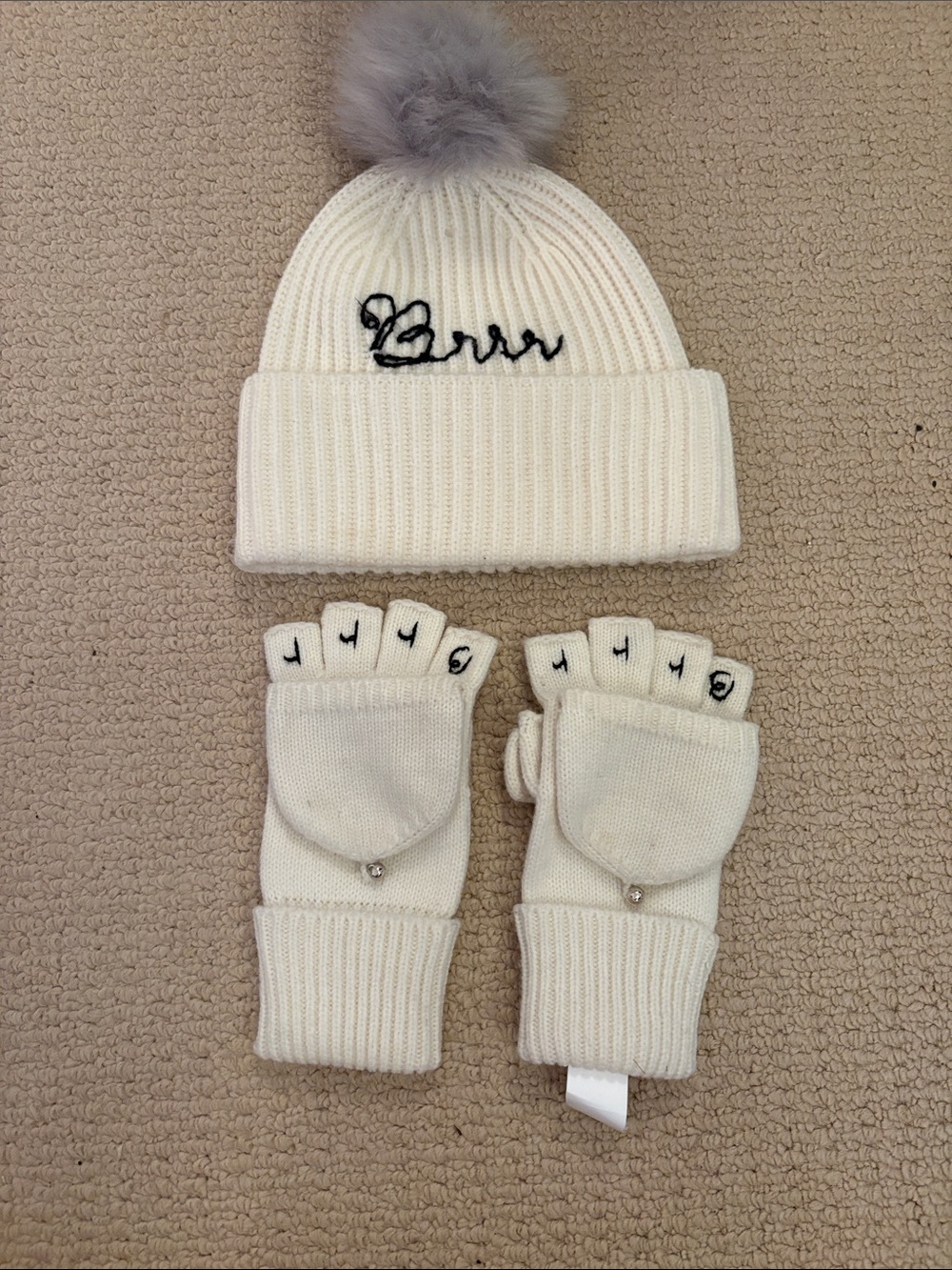 Cream Pom-Pom Beanie & Convertible Mittens Set